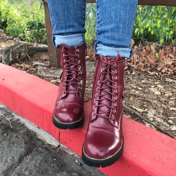 Wine Vegan Leather Lace Up Combat Moto 